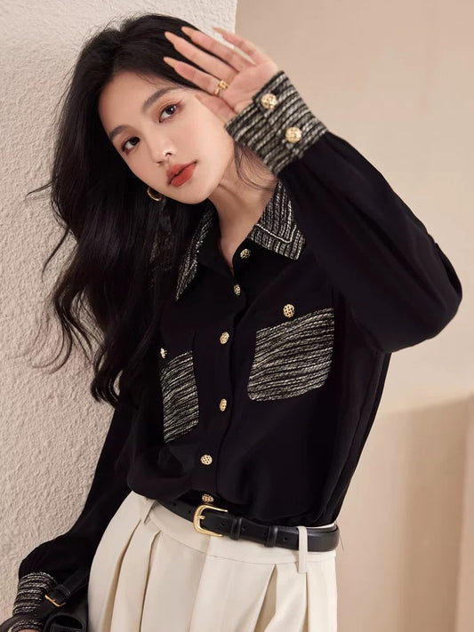 French retro small fragrance style patchwork black shirt women 2025 autumn style design niche chic layered shirt