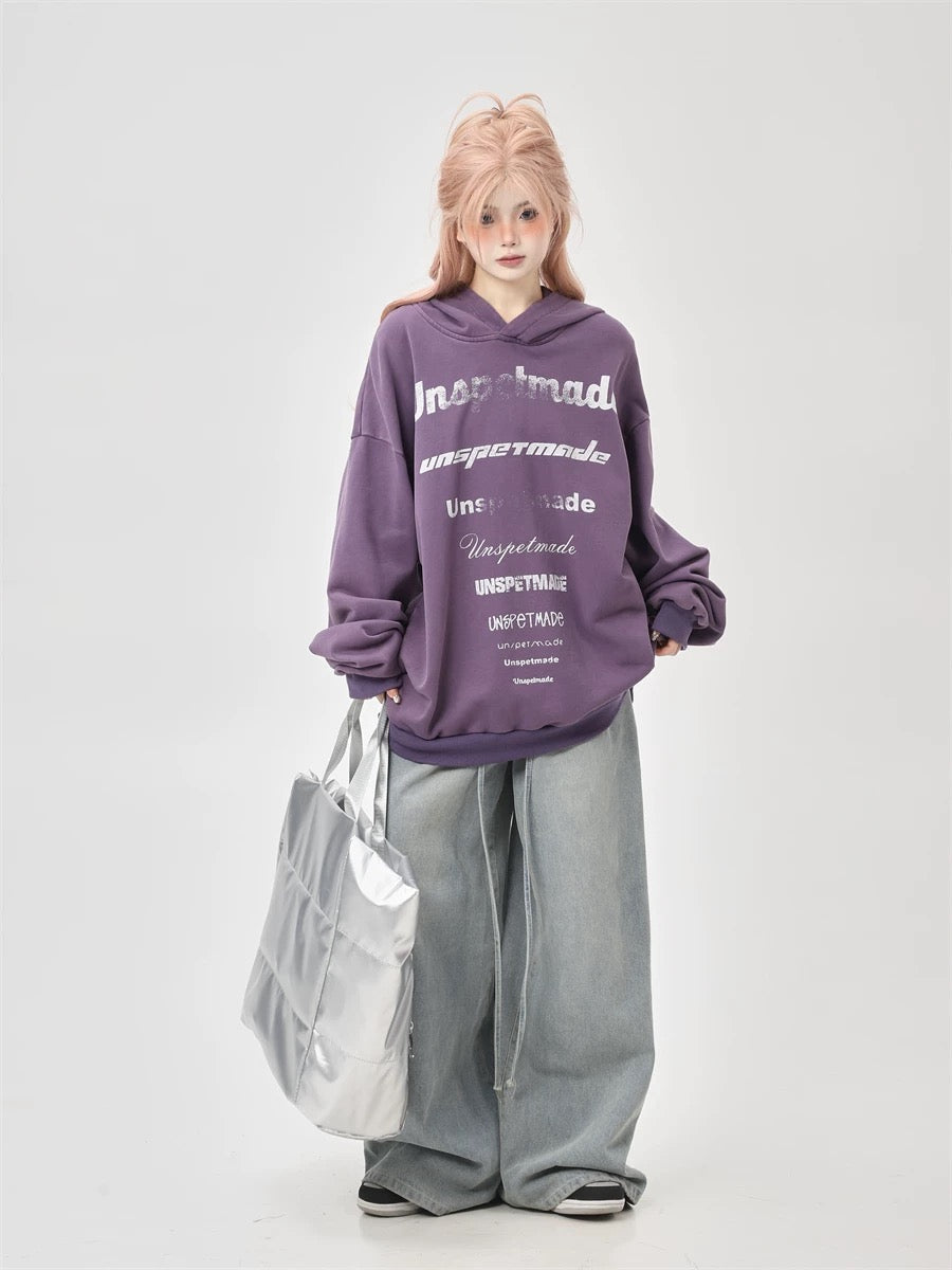 Washed heavy industry letter printed hooded sweatshirt for women autumn thin oversize American retro hoodie top trendy