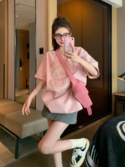Pink heavy embroidery dragon year short-sleeved T-shirt for women summer design niche retro loose casual half-sleeved top