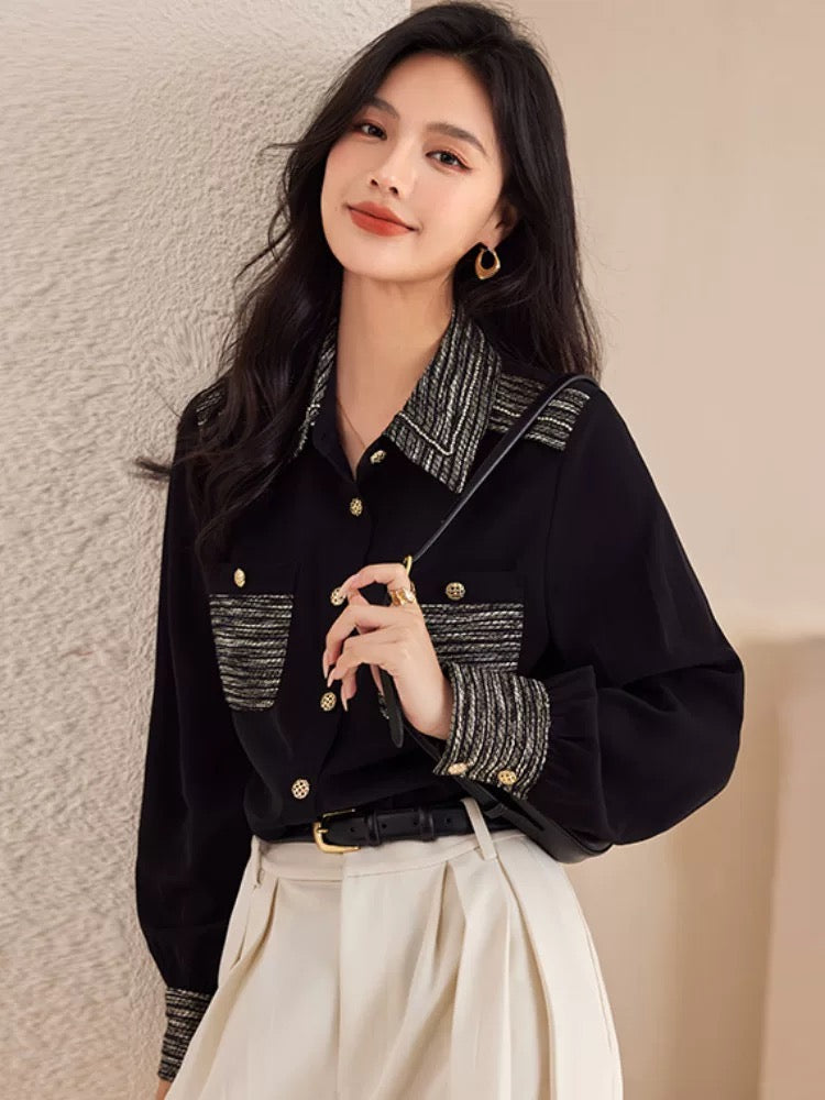 French retro small fragrance style patchwork black shirt women 2025 autumn style design niche chic layered shirt