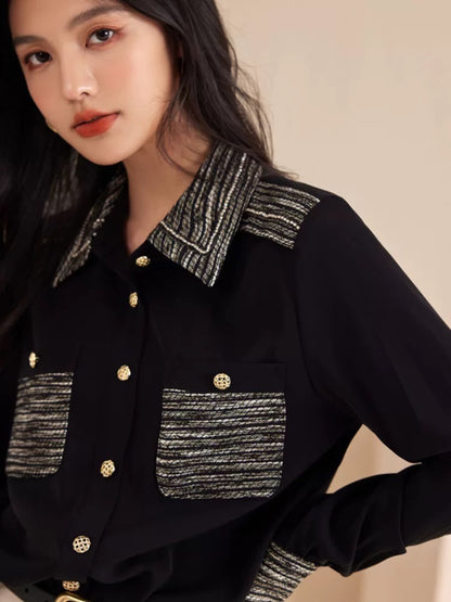 French retro small fragrance style patchwork black shirt women 2025 autumn style design niche chic layered shirt