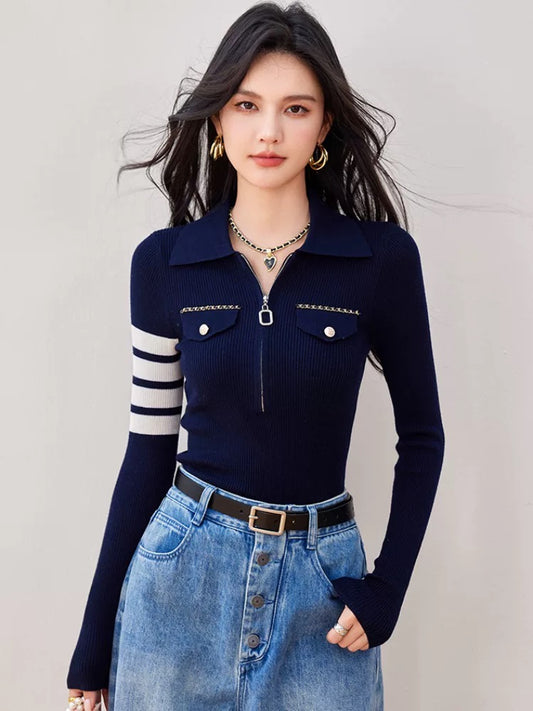French style polo collar T-shirt for women 2025 autumn new slim fit zipper knitted versatile bottoming shirt