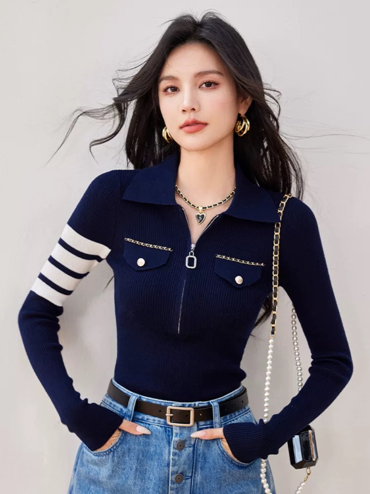 French style polo collar T-shirt for women 2025 autumn new slim fit zipper knitted versatile bottoming shirt