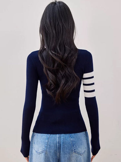 French style polo collar T-shirt for women 2025 autumn new slim fit zipper knitted versatile bottoming shirt