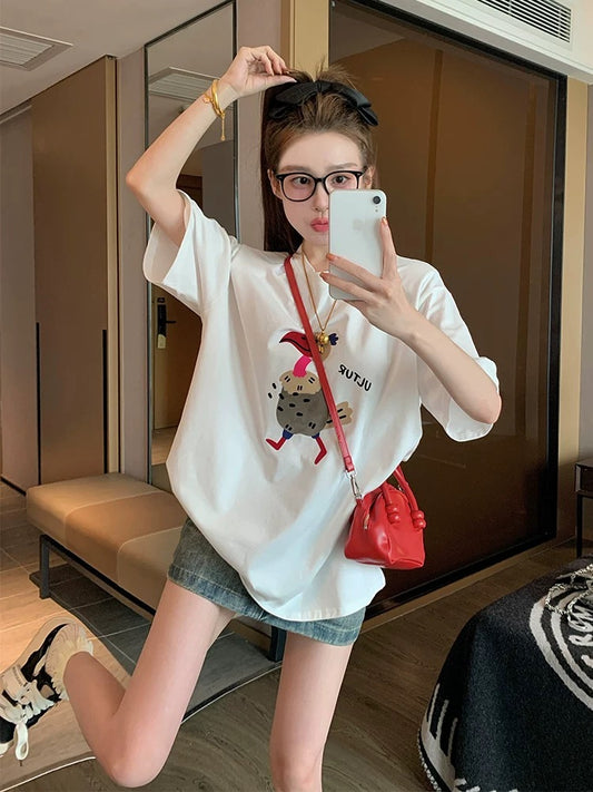 White cartoon pure cotton short-sleeved T-shirt female 2025 new summer European goods large version of the trendy age-reducing loose top ins