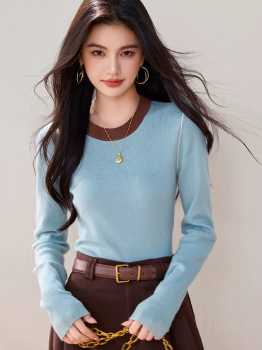 Korean style splicing contrast color long-sleeved bottoming sweater women 2025 autumn and winter slim warm super hot sweater temperament top