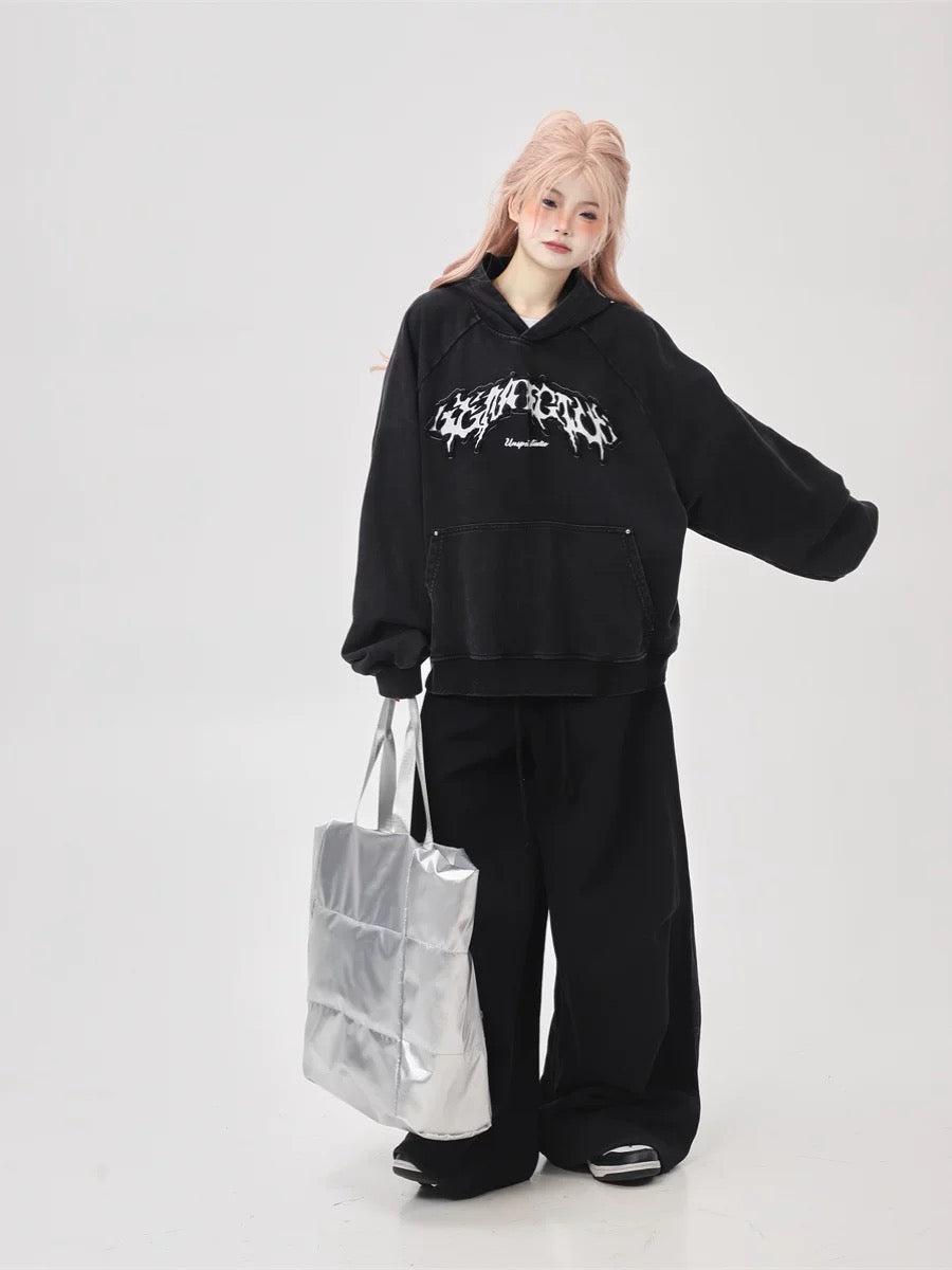 American high street heavy industry washed letter embroidery hooded water pink wide version oversize sweatshirt for women spring and autumn tops