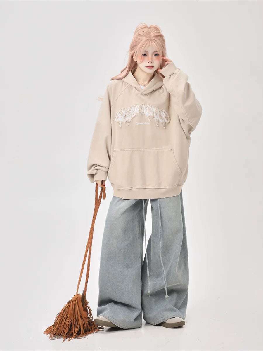 American high street heavy industry washed letter embroidery hooded water pink wide version oversize sweatshirt for women spring and autumn tops