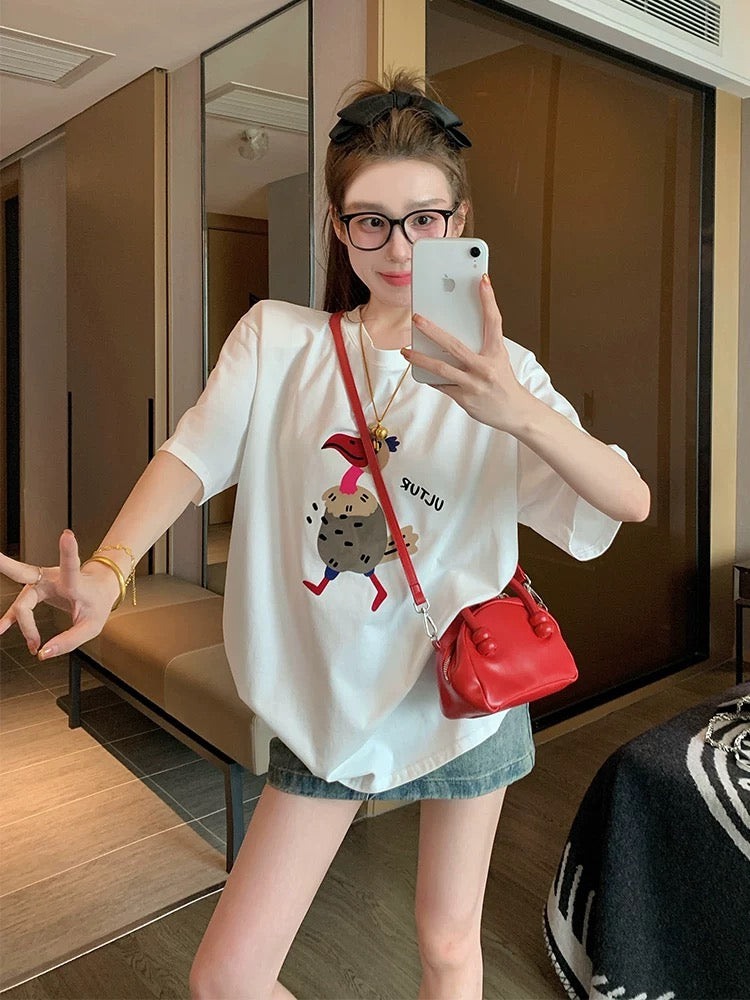 White cartoon pure cotton short-sleeved T-shirt female 2025 new summer European goods large version of the trendy age-reducing loose top ins