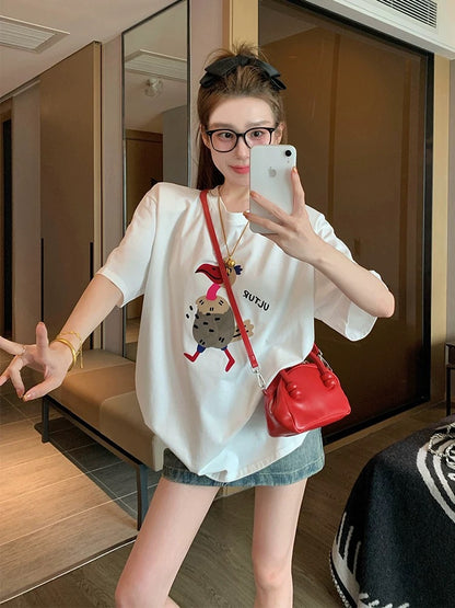 White cartoon pure cotton short-sleeved T-shirt female 2025 new summer European goods large version of the trendy age-reducing loose top ins