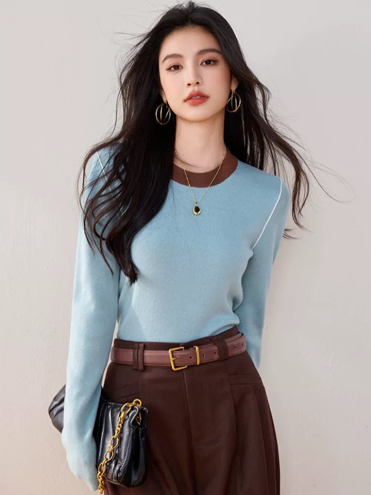 Korean style splicing contrast color long-sleeved bottoming sweater women 2025 autumn and winter slim warm super hot sweater temperament top