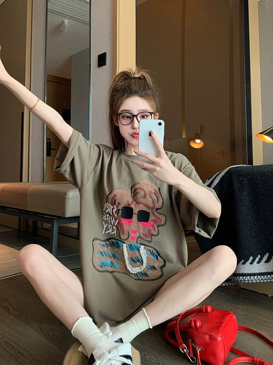 American retro cartoon pure cotton short-sleeved T-shirt for women in summer European goods large version design loose and age-reducing straight shoulder top