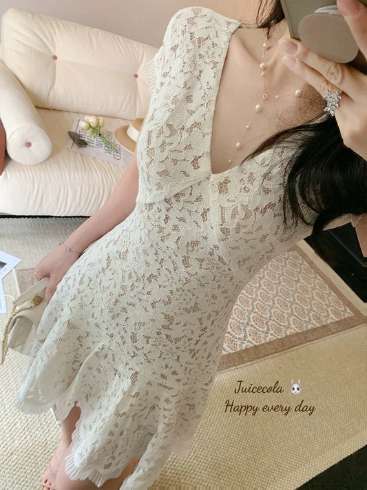 juicecola French pure sexy V-neck full lace dress waist slimming temperament fishtail short skirt