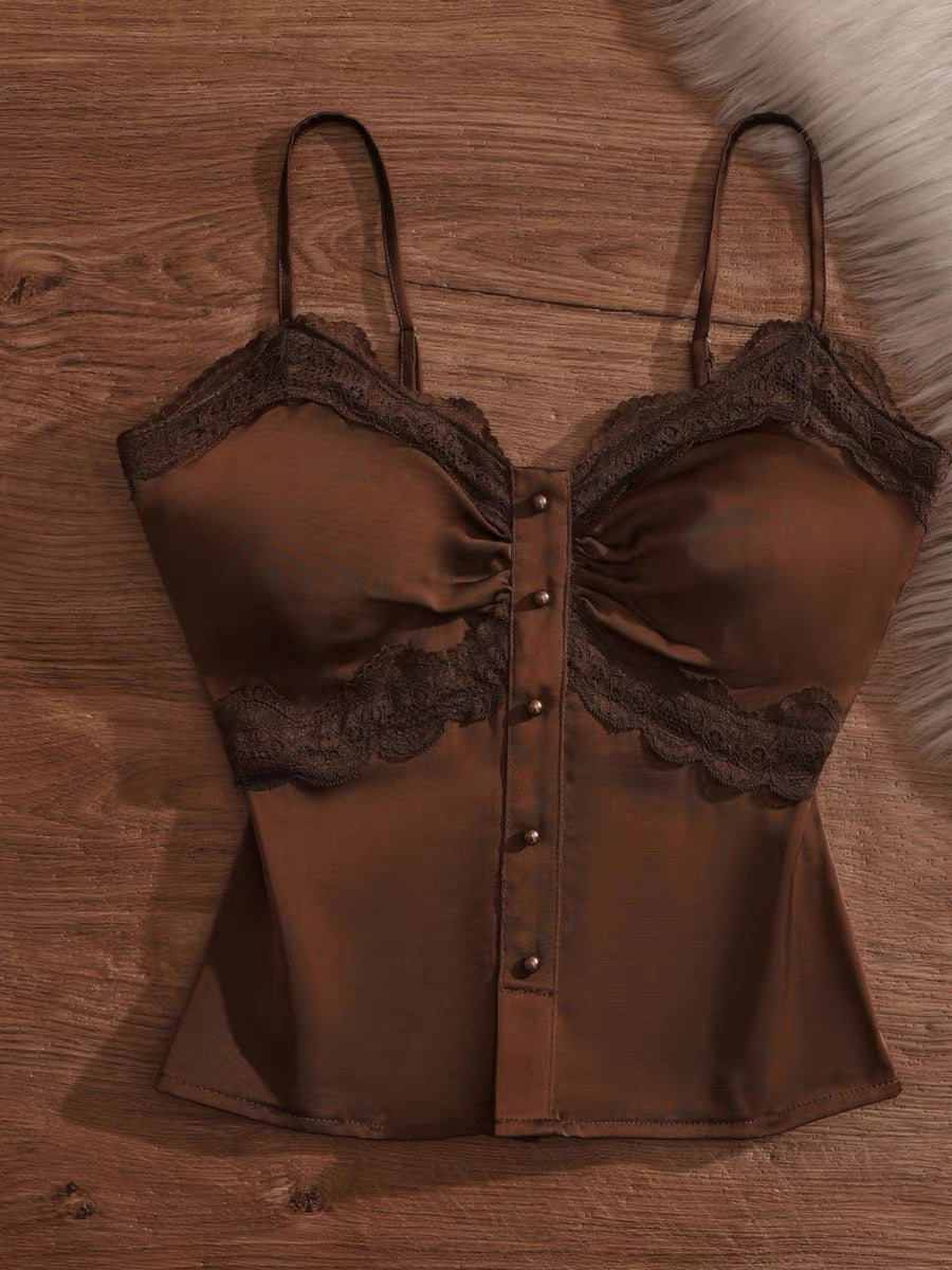 Pure and sexy lace-trimmed camisole top for women, perfect for layering, slimming, and versatile.