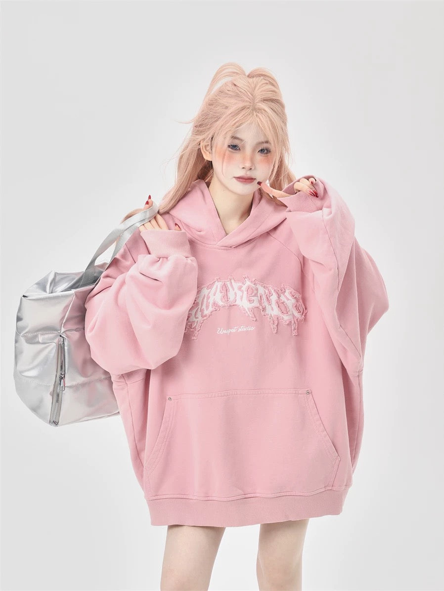 American high street heavy industry washed letter embroidery hooded water pink wide version oversize sweatshirt for women spring and autumn tops