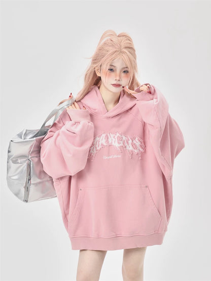 American high street heavy industry washed letter embroidery hooded water pink wide version oversize sweatshirt for women spring and autumn tops