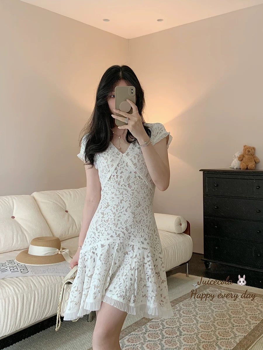 juicecola French pure sexy V-neck full lace dress waist slimming temperament fishtail short skirt