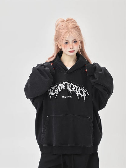 American high street heavy industry washed letter embroidery hooded water pink wide version oversize sweatshirt for women spring and autumn tops