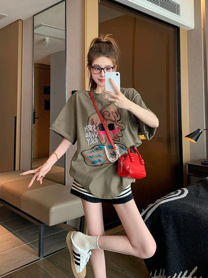 American retro cartoon pure cotton short-sleeved T-shirt for women in summer European goods large version design loose and age-reducing straight shoulder top