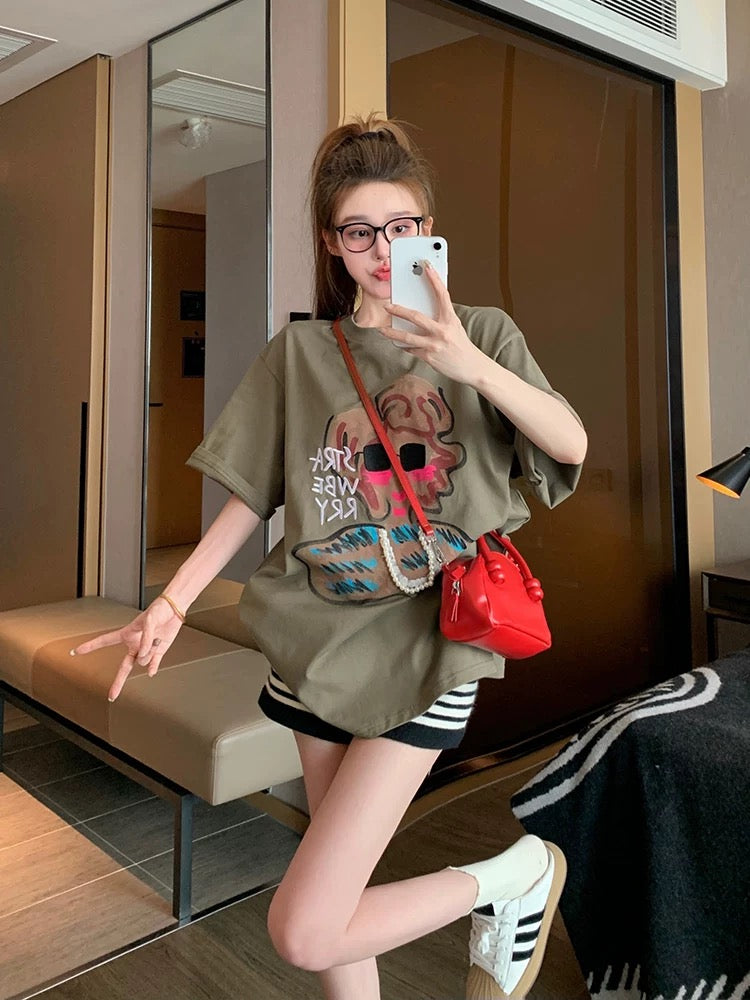 American retro cartoon pure cotton short-sleeved T-shirt for women in summer European goods large version design loose and age-reducing straight shoulder top