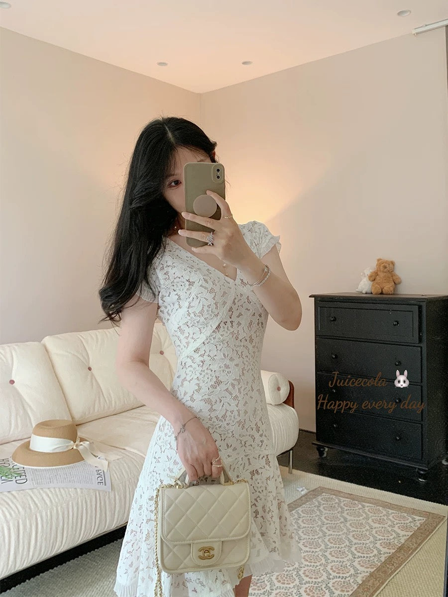 juicecola French pure sexy V-neck full lace dress waist slimming temperament fishtail short skirt