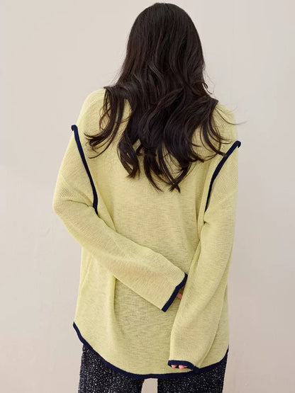 Lazy style knitted sweater for women, new style for spring and autumn, V-neck design, unique contrast color, very beautiful, loose Chanel style top