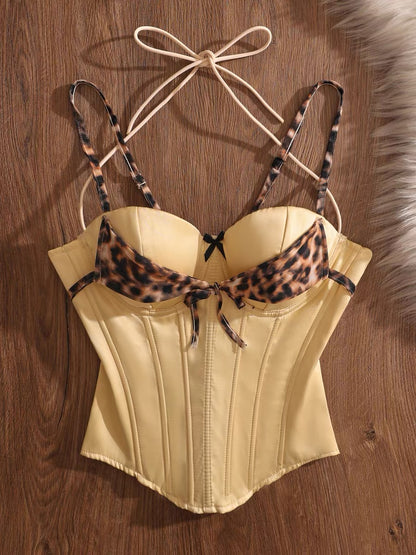 Sweet and spicy leopard print patchwork halter neck vest, fishtail bra, drawstring sexy slim fit tank top, fashionable and trendy.