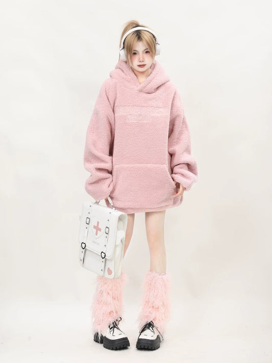 American retro autumn and winter loose pink polar fleece lamb wool sweatshirt for women plus velvet and thickened hooded lamb fleece top