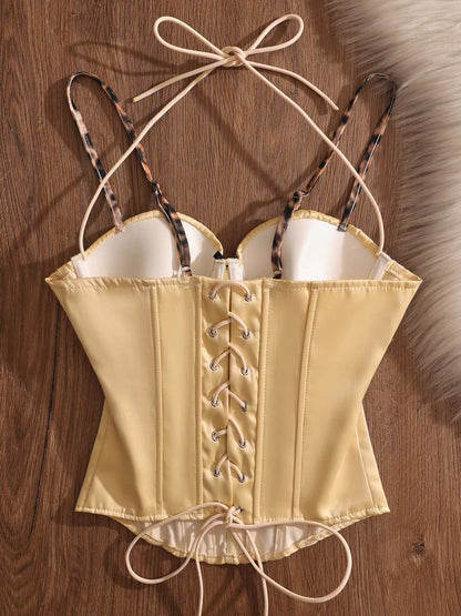 Sweet and spicy leopard print patchwork halter neck vest, fishtail bra, drawstring sexy slim fit tank top, fashionable and trendy.