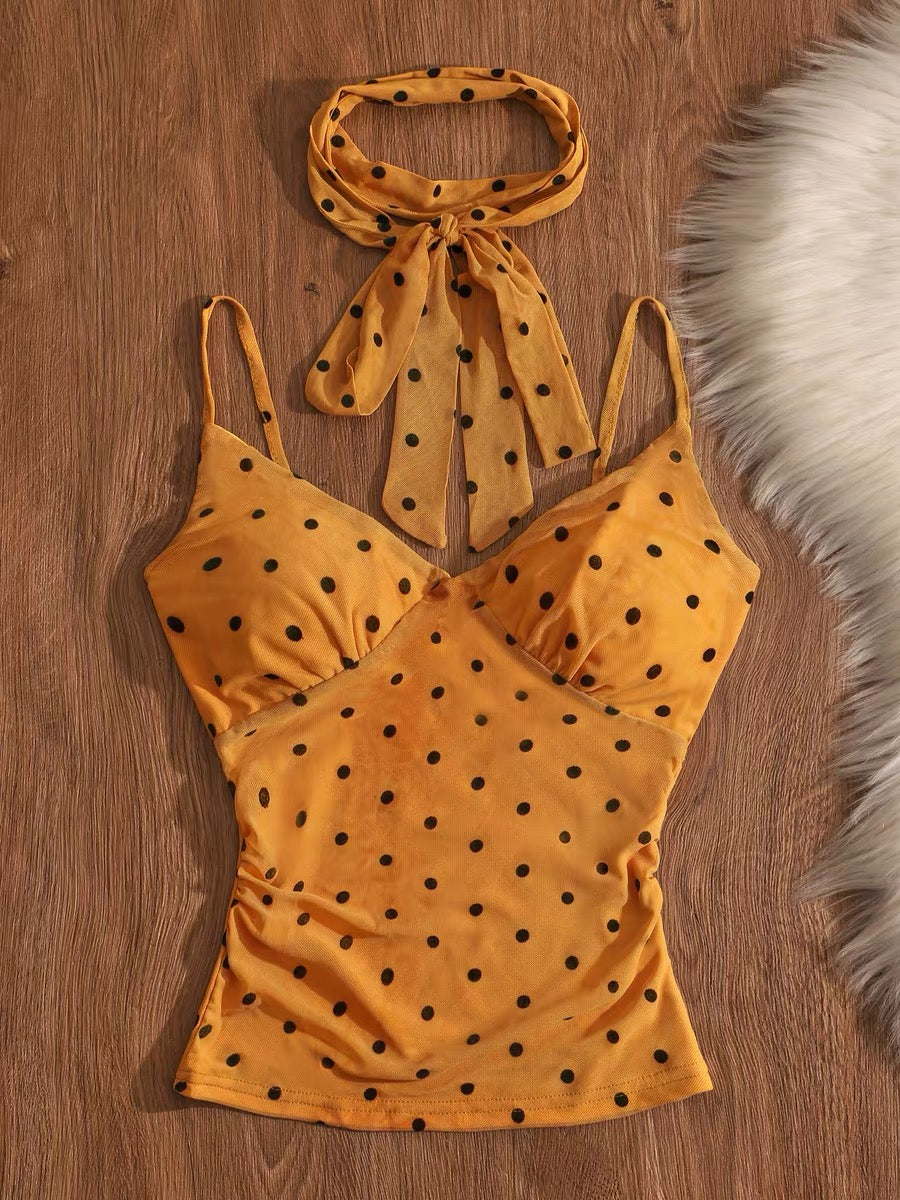 French-style sweet and spicy silk scarf tie polka dot camisole women's inner and outer layer design unique mesh top