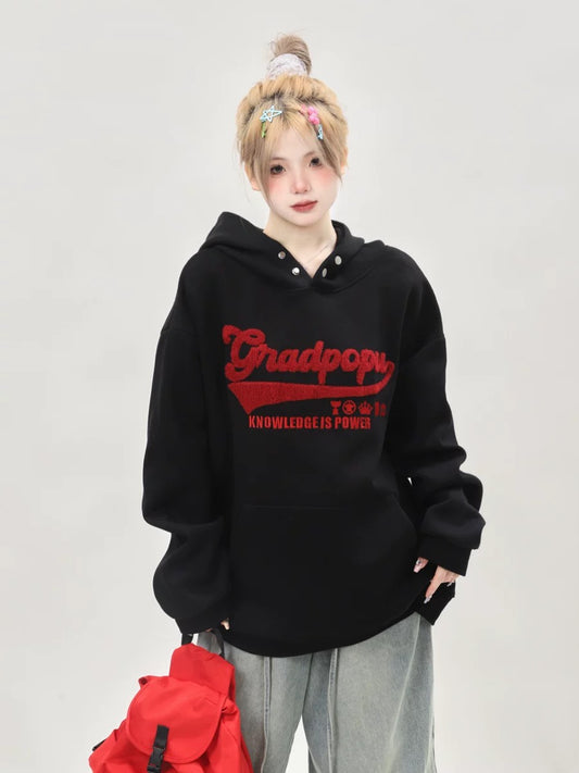 Lazy style oversize letter embroidered gray sweatshirt for women spring and autumn American retro hooded heavyweight couple tops
