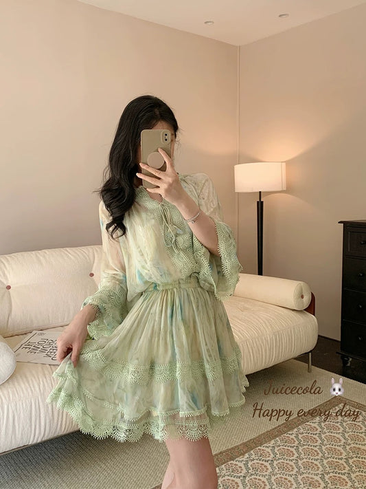juicecola summer lace lace green shirt skirt sweet age-reducing fresh suit