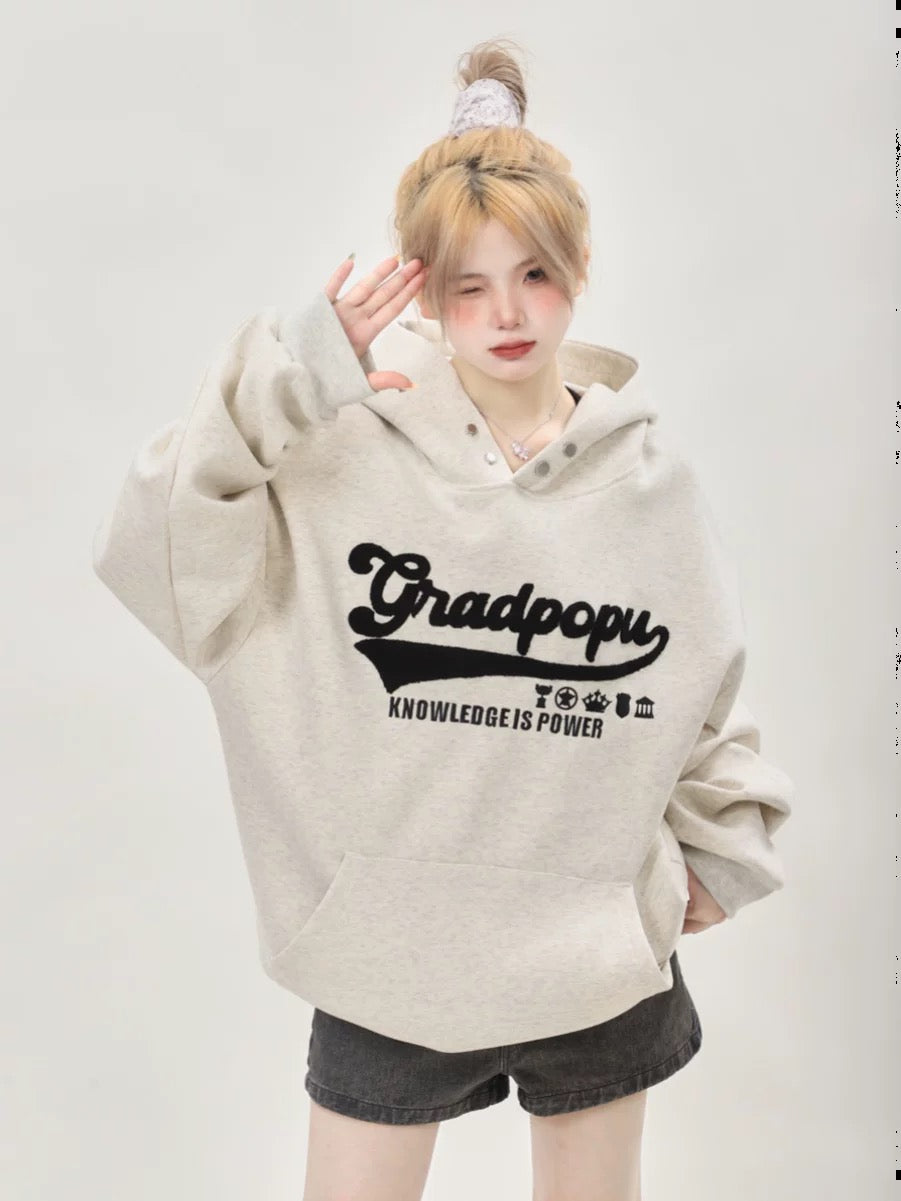 Lazy style oversize letter embroidered gray sweatshirt for women spring and autumn American retro hooded heavyweight couple tops