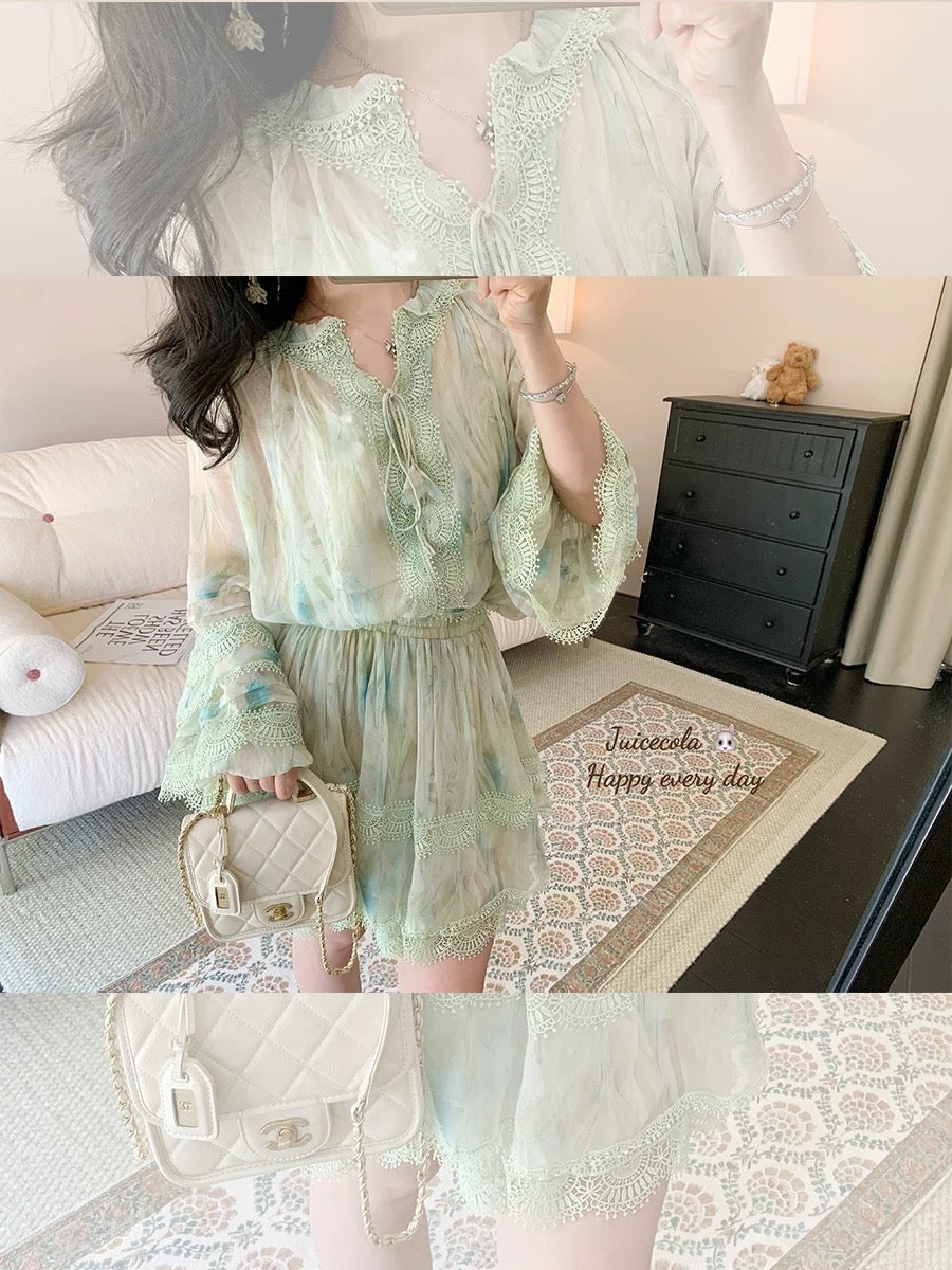 juicecola summer lace lace green shirt skirt sweet age-reducing fresh suit