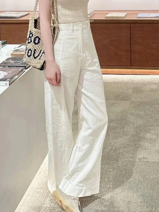 White cotton and linen wide-leg pants for women, summer high-waist drape suit pants, high-end, loose, slimming, straight-leg casual pants