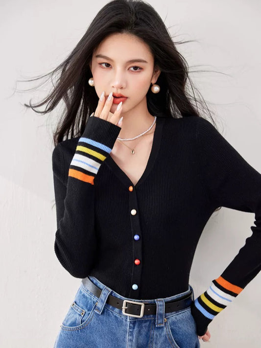 V-neck color button long-sleeved knitted cardigan women's jacket spring and autumn bottoming sweater slim fit thin striped top