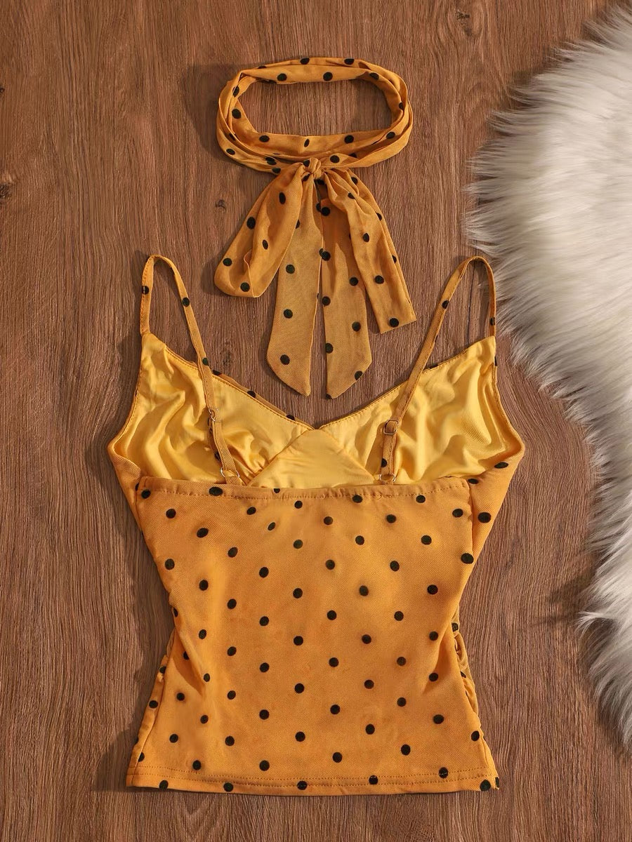 French-style sweet and spicy silk scarf tie polka dot camisole women's inner and outer layer design unique mesh top