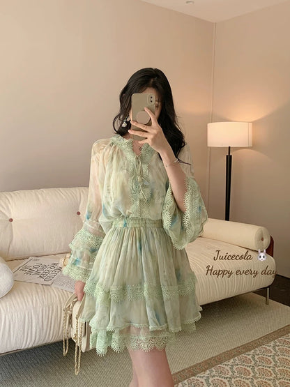 juicecola summer lace lace green shirt skirt sweet age-reducing fresh suit