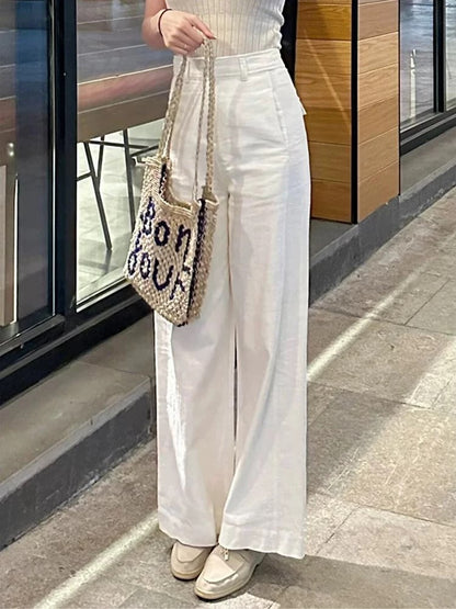 White cotton and linen wide-leg pants for women, summer high-waist drape suit pants, high-end, loose, slimming, straight-leg casual pants