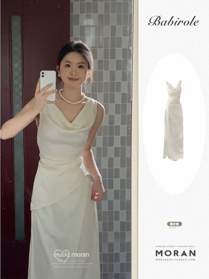 French-style elegant sleeveless dress with a ruffled neckline, new summer style, flattering and slimming, a stunning two-piece long dress set.