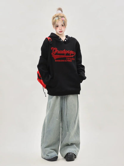 Lazy style oversize letter embroidered gray sweatshirt for women spring and autumn American retro hooded heavyweight couple tops