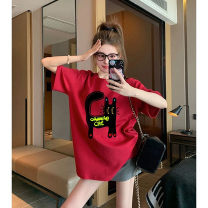 Red funny cat straight shoulder short-sleeved T-shirt 2025 new summer niche versatile fashion age-reducing pure cotton top