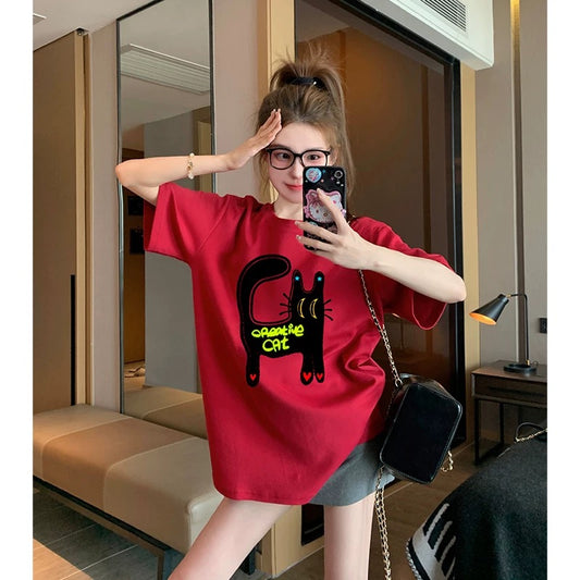 Red funny cat straight shoulder short-sleeved T-shirt 2025 new summer niche versatile fashion age-reducing pure cotton top