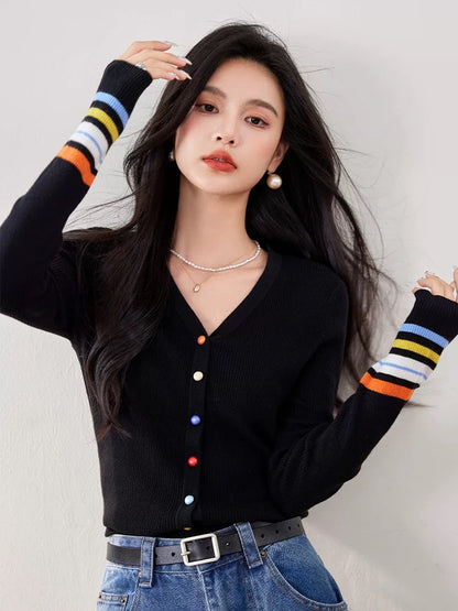 V-neck color button long-sleeved knitted cardigan women's jacket spring and autumn bottoming sweater slim fit thin striped top