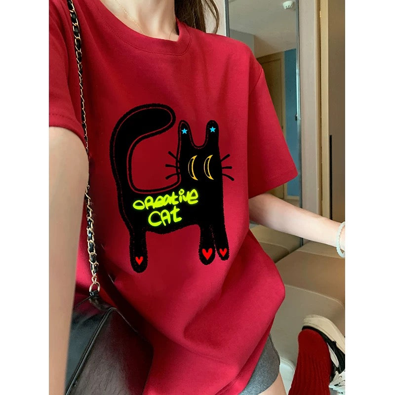 Red funny cat straight shoulder short-sleeved T-shirt 2025 new summer niche versatile fashion age-reducing pure cotton top