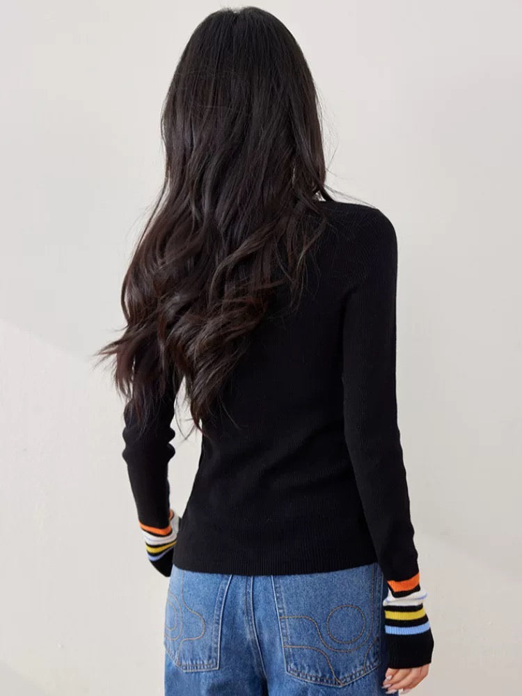 V-neck color button long-sleeved knitted cardigan women's jacket spring and autumn bottoming sweater slim fit thin striped top