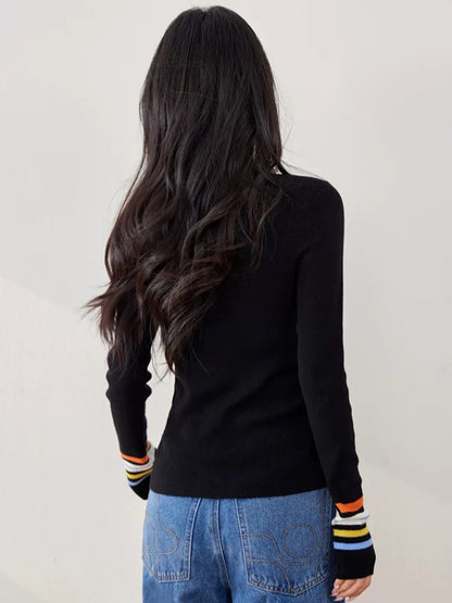 V-neck color button long-sleeved knitted cardigan women's jacket spring and autumn bottoming sweater slim fit thin striped top