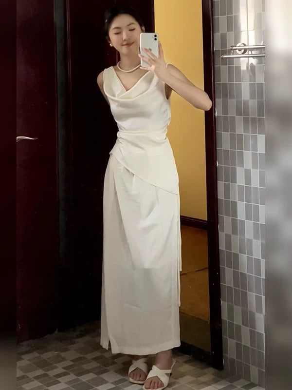 French-style elegant sleeveless dress with a ruffled neckline, new summer style, flattering and slimming, a stunning two-piece long dress set.