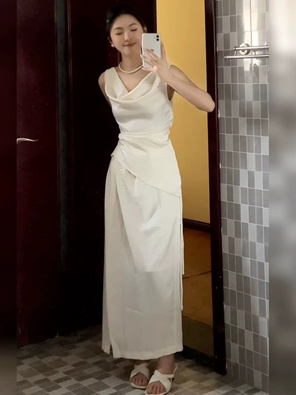 French-style elegant sleeveless dress with a ruffled neckline, new summer style, flattering and slimming, a stunning two-piece long dress set.