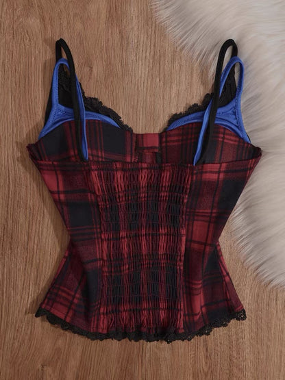 Qi Diao Pure and Desire Style Lace Patchwork Color Block Plaid Camisole Vest for Women, Slim Fit, Versatile, Short Sleeveless Unique Top